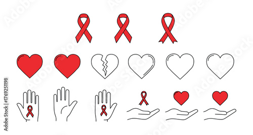AIDS Awareness and Support Vector Icons Set: Red Ribbons, Hearts, and Helping Hands Symbolizing HIV/AIDS Solidarity, Health, and Compassion