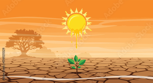 Melting Sun Nurtures Struggling Green Plant in Cracked, Arid Desert Landscape - Symbol of Climate Change and Environmental Resilience