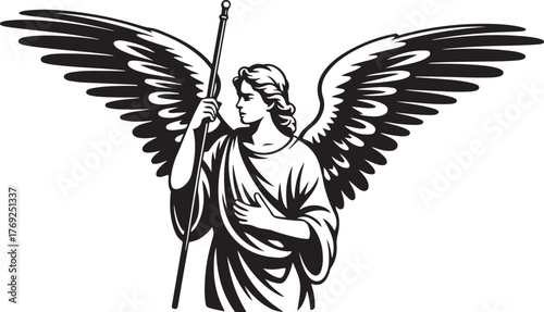 Black and white vector illustration of an angel with large feathered wings holding a staff