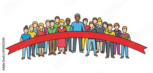 Diverse Multicultural Group Holding Blank Red Banner for Text - Community and Teamwork Concept Illustration
