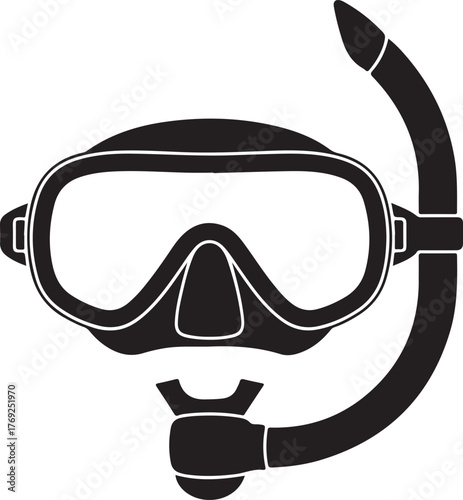 Black silhouette of a scuba diving mask and snorkel on a white background diving equipment
