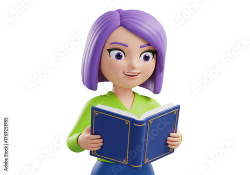 Isolated student with purple hair reading a book, 3D render for education and knowledge