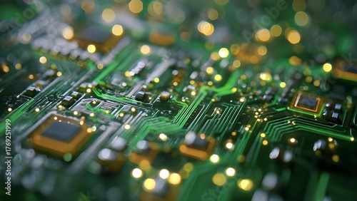 Macro shot of a green printed circuit board with chips and glowing golden bokeh lights. Concept Macro Photography, Green PCB, Circuit Board Chips, Golden Bokeh Lights, Close-Up Details