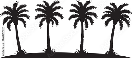 Four black silhouette palm trees with fronds and grassy mounds against a white background