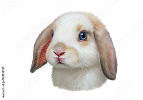 Isolated lop-eared rabbit with blue eyes, portrait, cute furry pet for children, drawing