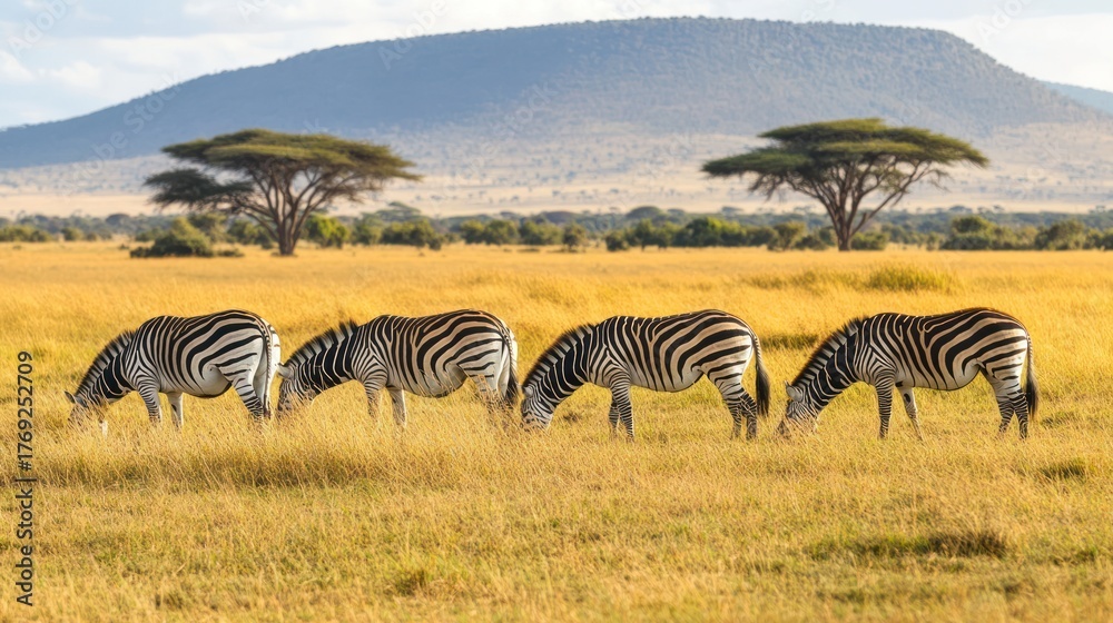 Naklejka premium A herd of zebras grazes peacefully in a vast african savannah landscape