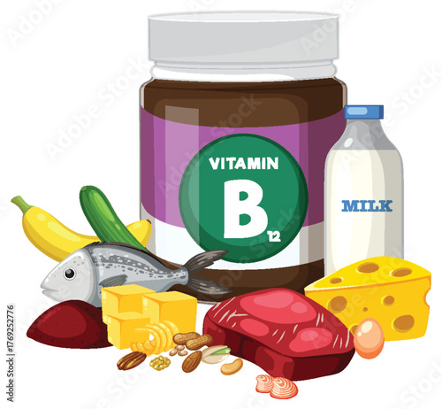Vitamin B12 Sources with Food and Supplement Illustration