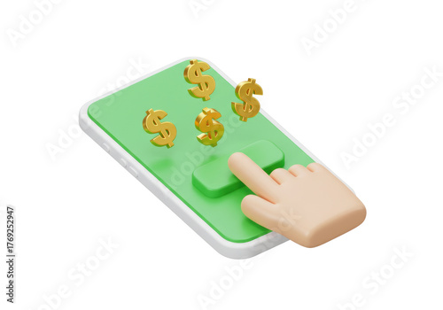 Isolated Smartphone with dollar signs and hand pressing the screen, money transaction app