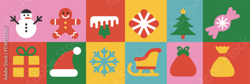 Retro Pastel Christmas Vector Set, Flat Holiday Icons with Snowman, Tree, Candy, and Snowflakes