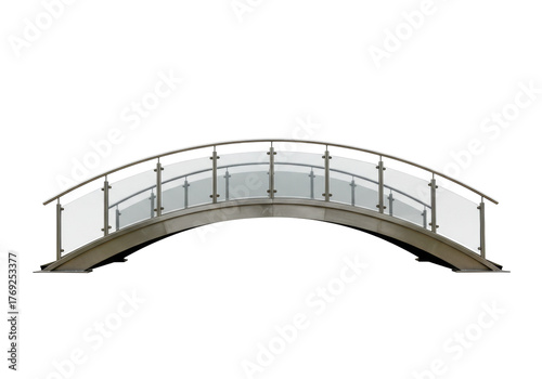 Photos Isolated architectural metal arched pedestrian bridge crossing with glass guardr