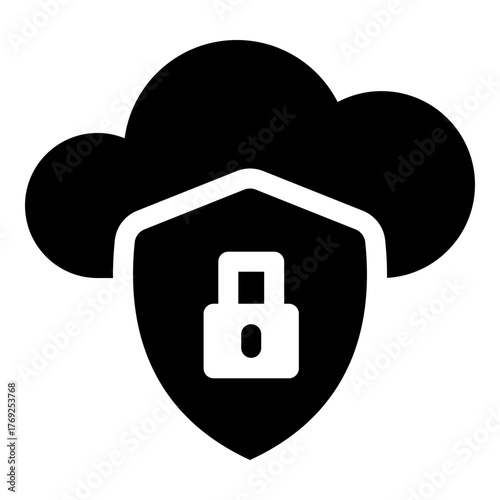 Cloud security icon, featuring a shield and padlock on a cloud. Represents data protection, cloud computing security, and safe storage.