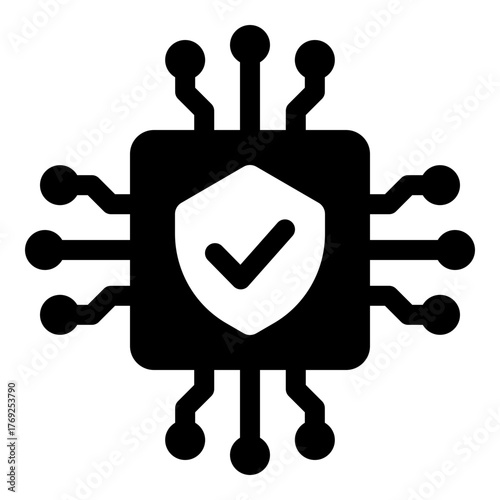 Cybersecurity icon showing a shield on a chip. Symbolizes digital protection, IT security, and safe computing.
