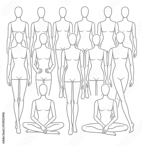 Stylish mannequin figure set for fashion industry artwork, minimal body shapes used in clothing design and retail showroom displays, sewing and tailoring equipment visual elements, editable vector per
