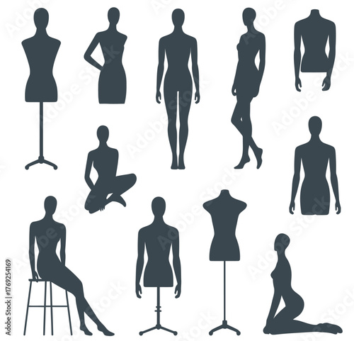 Adobe IllusFemale fashion mannequin models in various poses, vector illustration for dressmaking, tailoring tools and clothing presentation, modern shop display graphics for boutique martrator Artwork