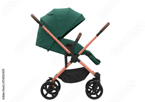 Photos Isolated green baby stroller, modern pram for infant on road, baby transport equ