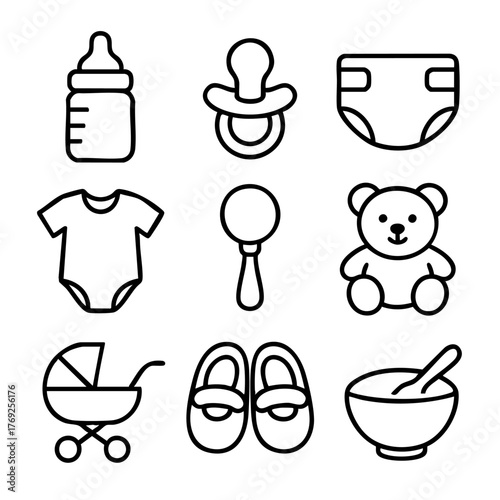 Baby Care Flat Icons Set – Bottle, Pacifier, Diaper, Teddy, Stroller, Shoes