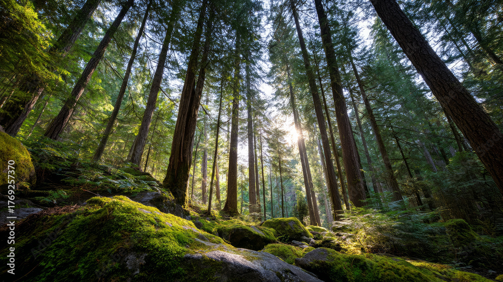 Naklejka premium Beautiful forest background for screensaver. with sunbeams. Calm close-up of fairytale forest and nature landscape, panorama. Summer vacation, holiday, amazing nature.