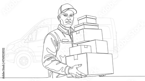 Courier Line Art — Delivery Worker Holding Stacked Boxes with Van in Background, Minimal Continuous Vector Illustration