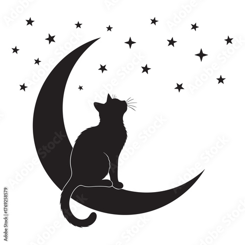 Black silhouette of a cat sitting on a crescent moon under a starry sky