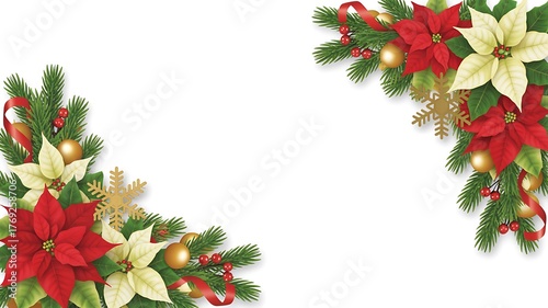 Festive Christmas decoration with poinsettias and ornaments isolated on white background