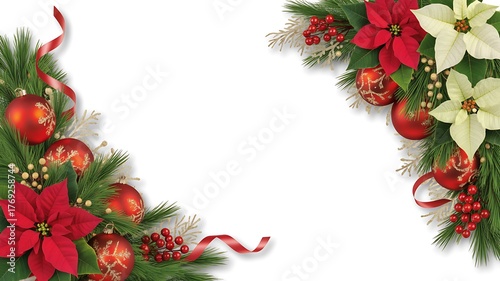 Festive Christmas decoration with poinsettias ornaments pine branches and copy space