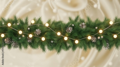 Festive Christmas garland with lights and pine cones decoration