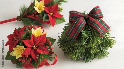 Festive Christmas Holiday Decorations with Poinsettias Pine and Plaid Ribbon