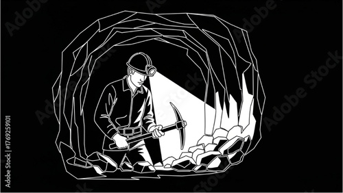 Miner Line Art — Underground Worker with Helmet Light and Pickaxe in Tunnel, Minimal Industrial Vector Illustration