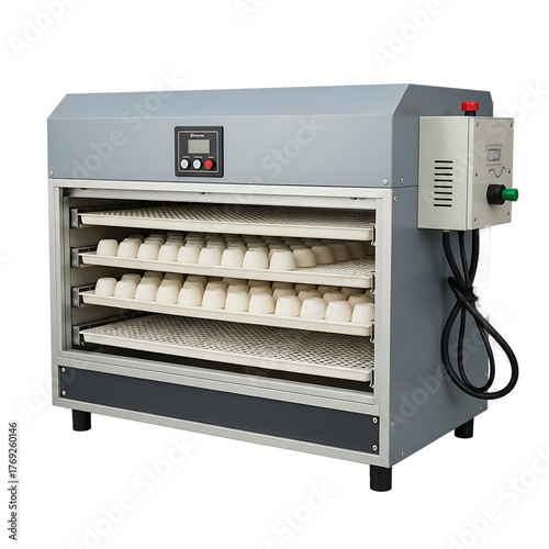A specialized device designed for incubating eggs or small containers, featuring multiple trays and digital controls