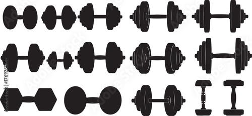 Diverse Dumbbell Silhouette Collection. Fitness equipment, gym workout, and strength training graphic assets