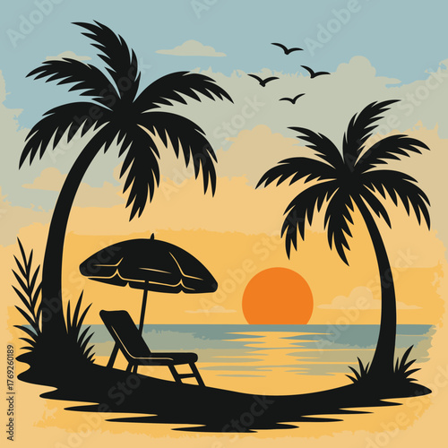 vector illustration of tropical beach sunset paradise palm trees hammock ocean serenity