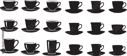 Collection of Coffee Cup and Saucer Silhouettes - Cafe, beverage, and breakfast graphic elements for menus and designs