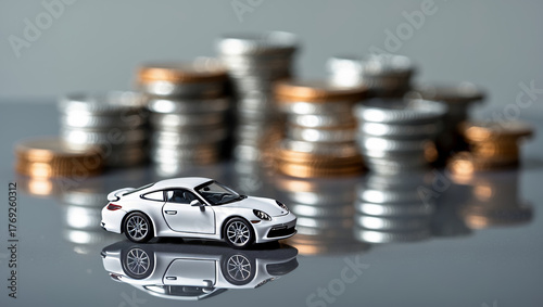 White car beside stacks of silver coins symbolizing car finance and investment.