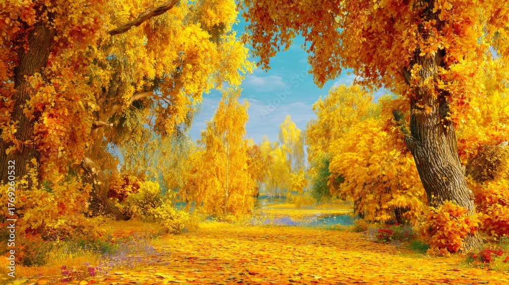 Fototapeta premium Golden autumn splendor: a park's seasonal transformation. Lavish