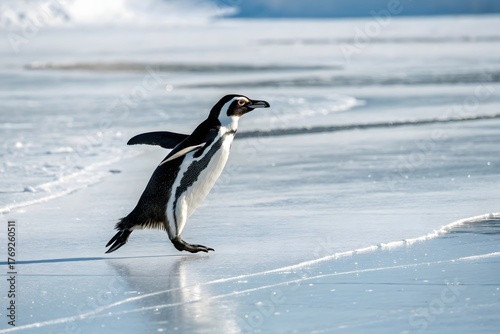 One adorable penguin waddles quickly across a wet sandy beach with gentle ocean waves illustration

