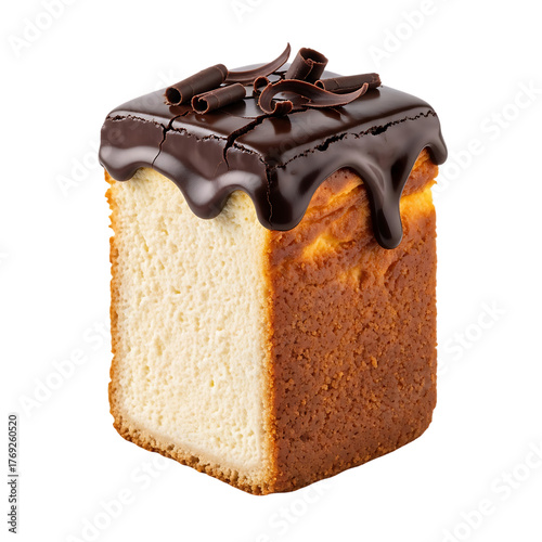 A square slice of layered dessert, with a dark chocolate topping and decorative curls on a solid black backdrop