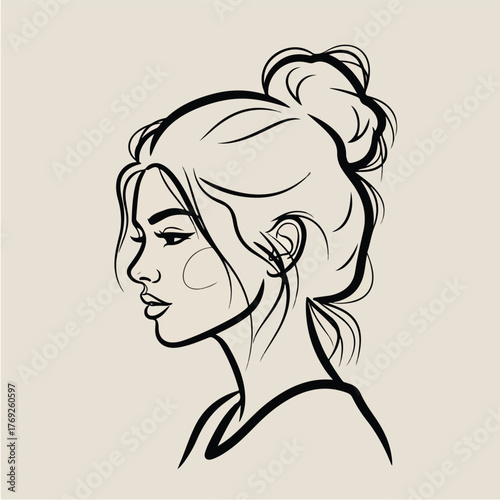 Beautiful woman's profile in line art, minimalist illustration style, elegant bun hairstyle, serene expression, simple black and white outline on a soft background