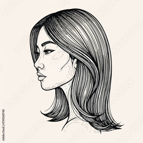 A delicate line art illustration of a woman's profile, showcasing her flowing hair and refined facial features, rendered in a sophisticated monochrome sketch style