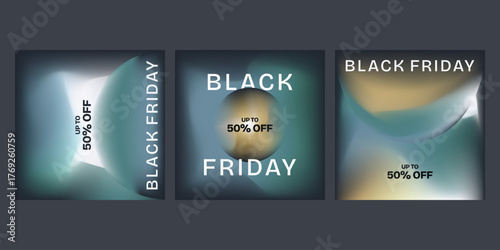 Modern vibrant abstract set of designs for Black Friday using gradient blend and palette with dark background and dark green and light blue colors