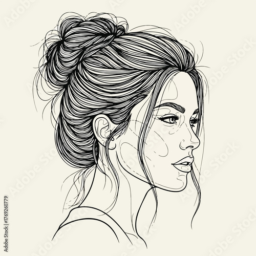Elegant Line Art Portrait of a Woman with a Messy Bun A Stylized Illustration Capturing Feminine Beauty and Graceful Profile