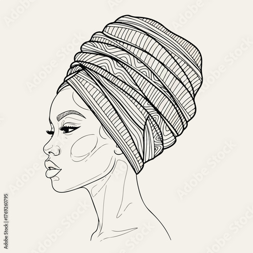 Elegant Black Woman's Profile in Detailed Line Art with Abstract Patterns on her Turban, Beauty and Culture Illustrated