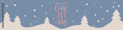 Christmas banner with snowy hills, trees, and festive typography on soft blue background. Peaceful winter landscape for holiday greetings