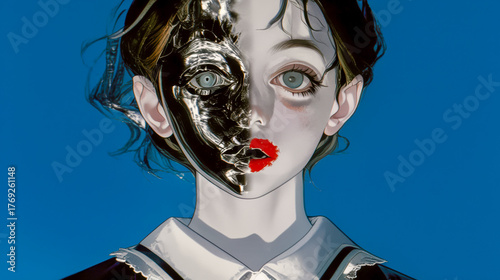 Woman with Opalescent duality face : Galaxy Void and Human in sublime state Portrait