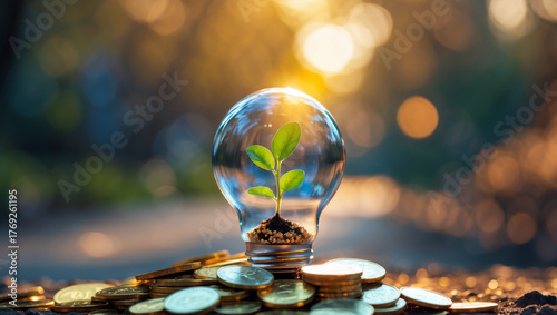 Eco innovation and renewable growth symbol with seedling inside bulb on coins.