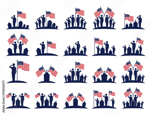 US soldiers saluting at military cemetery with American flags and gravestones. Vector icons for Memorial Day, Veterans Day, or Armed Forces tribute.