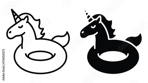 Unicorn pool float summer inflatable toy in black and white style swimming circle for summertime vacation vector illustration