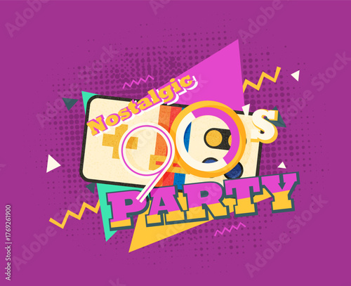 Party time The 90s style label. Vector illustration retro background