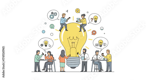 Flat vector illustration of lightbulb and people brainstorming creative ideas