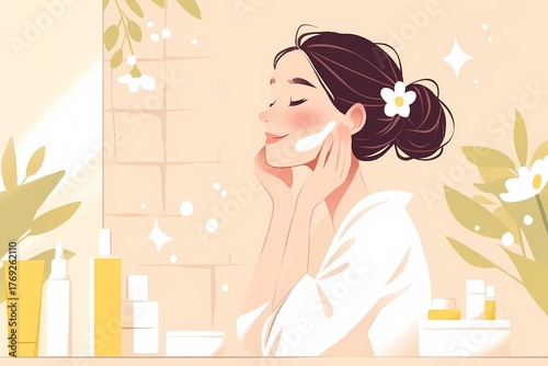 Illustration of a woman doing skincare (beauty, lifestyle, moisturizing, routine)