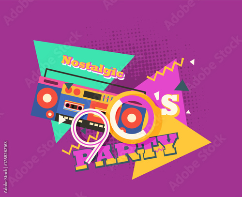 Party time The 90s style label. Vector illustration retro background